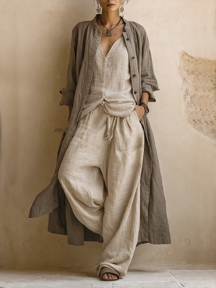 Boema | Cotton and Linen Three-Piece Set with Longline Cardigan
