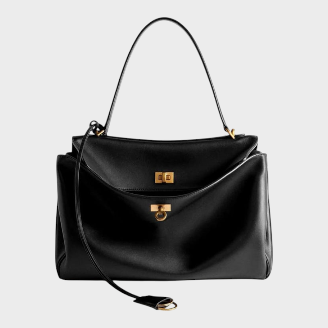 Curved Leather Handbag with Adjustable Shoulder Strap