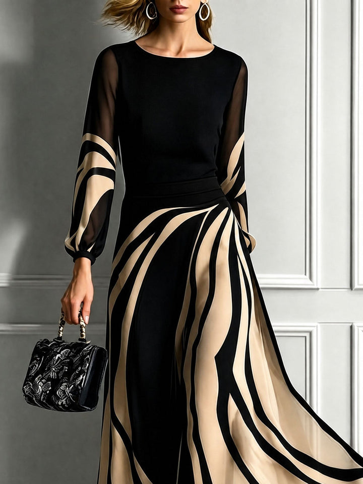 Abstract Print Round Neck Mesh Lantern Sleeve Maxi Dress