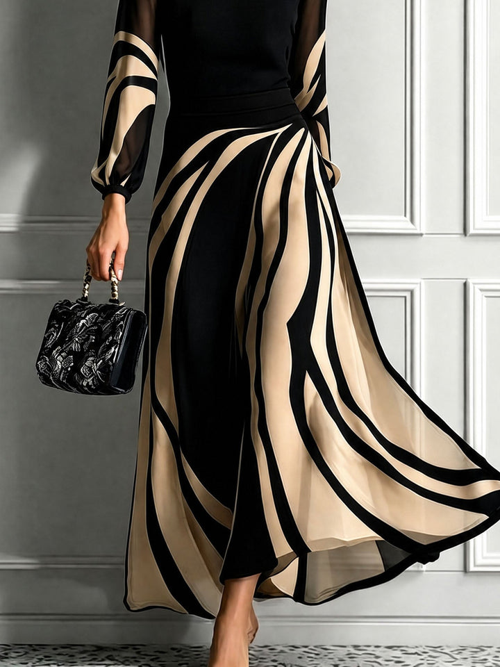 Abstract Print Round Neck Mesh Lantern Sleeve Maxi Dress