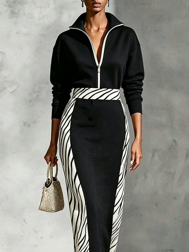 Black Zebra Color Block Half Zip Collar Top High Midi Skirt Set