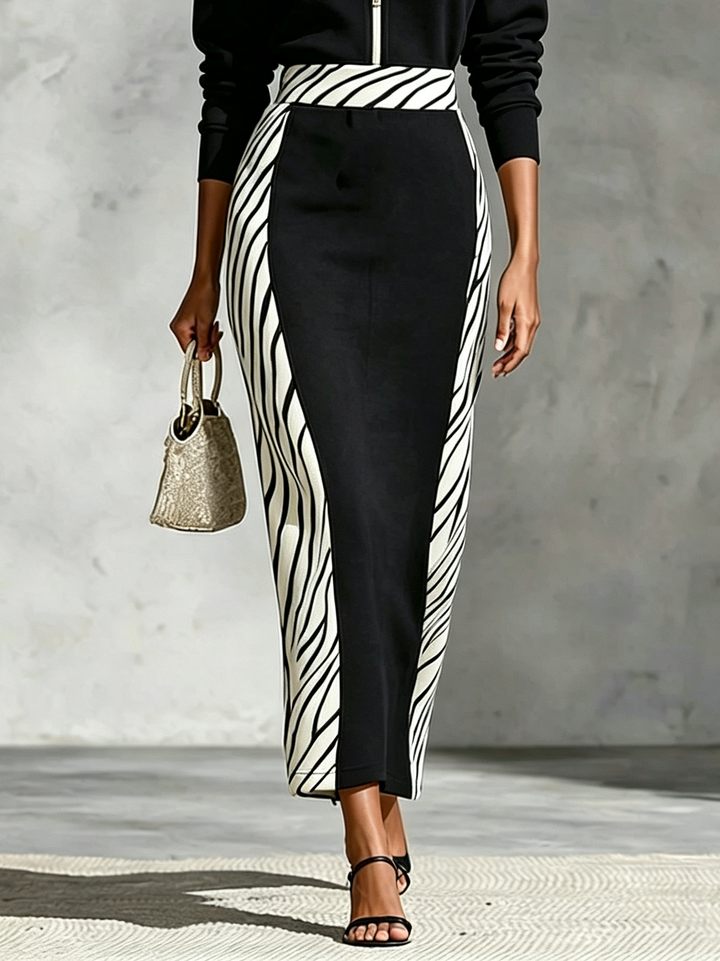 Black Zebra Color Block Half Zip Collar Top High Midi Skirt Set