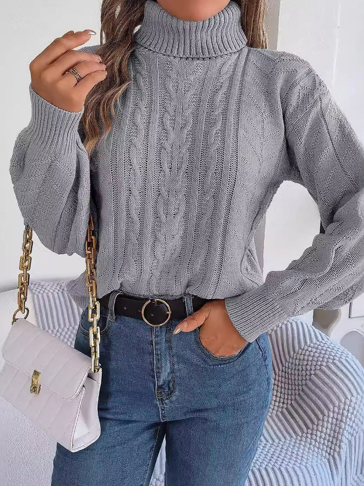Effortless Sweatshirt for Women with Turtleneck Cable Knit Long Sleeve Style
