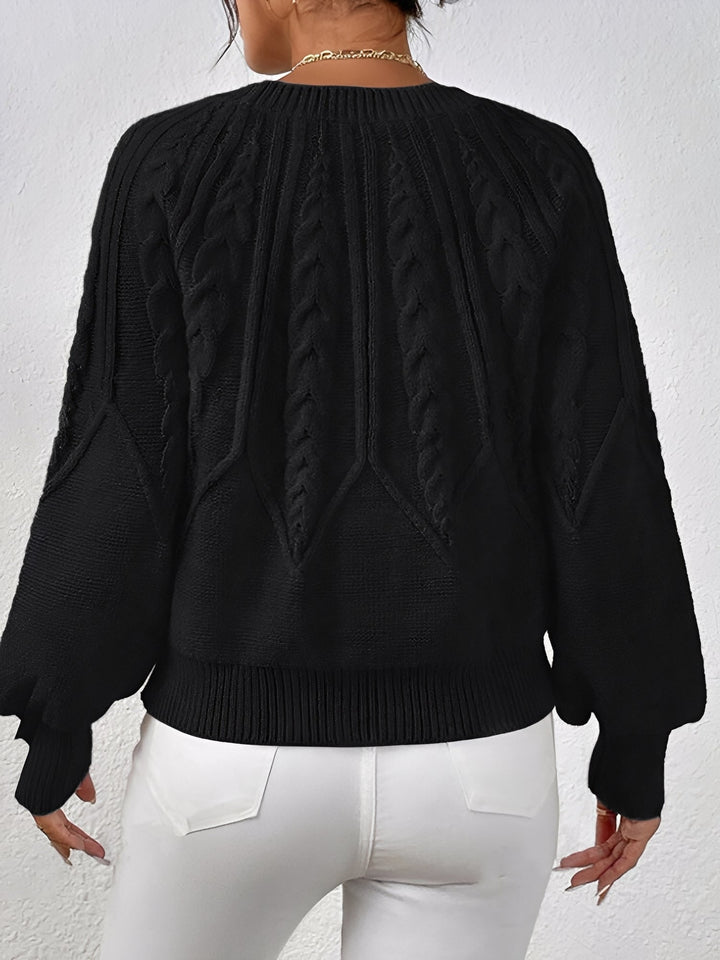 Comfortable Cable Knit Sweater for Women with V Neck Balloon Sleeve Oversized Style