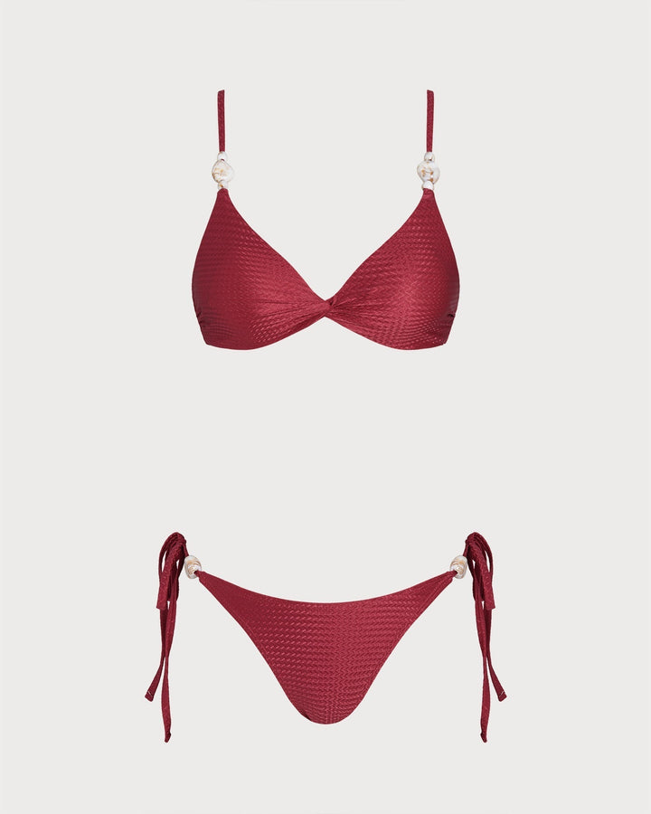 Clara & Sophia | V Neck Triangle Drawstring Bikini Set, Red