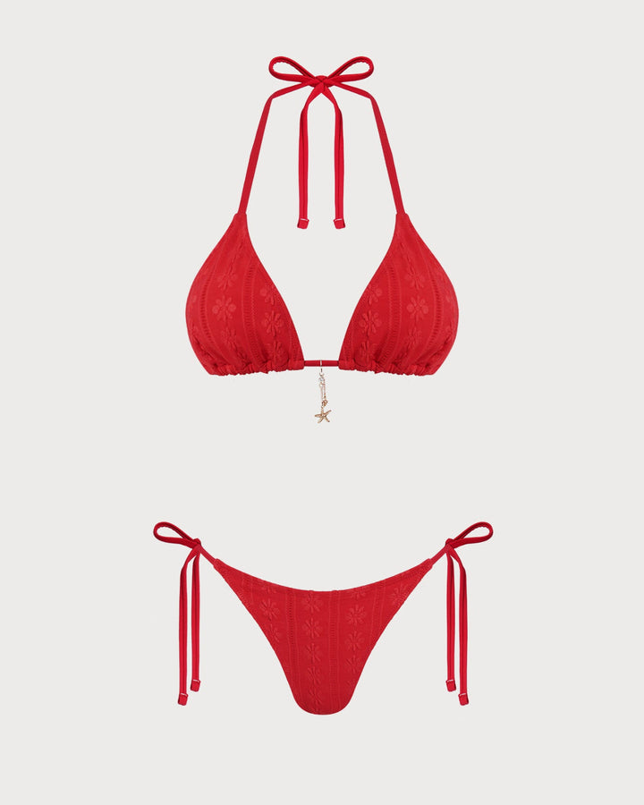 Clara & Sophia | Jacquard Halter Drawstring Bikini Set, Red
