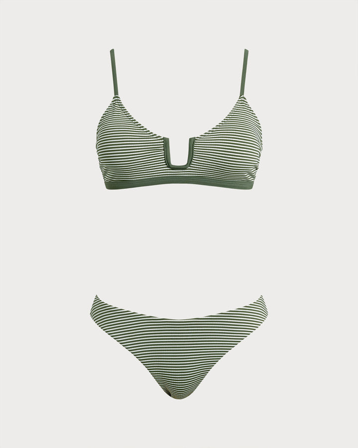 Clara & Sophia | Striped Bralette Bikini Set for Women in Army Green