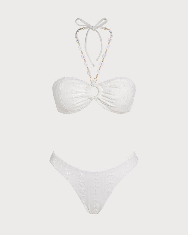 Clara & Sophia | Halter Jacquard Bandeau Bikini Set, White