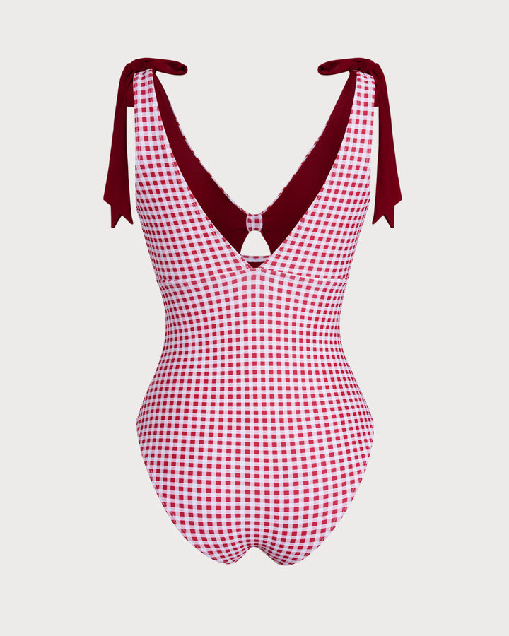 Clara & Sophia | Plaid One Piece Swimwear for Women in Wine Red