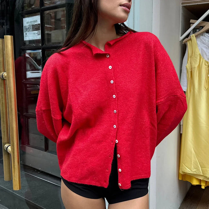 Comfortable Knit Cardigan for Women with Collar Long Sleeve Button Front Dropped Shoulder Relaxed Style