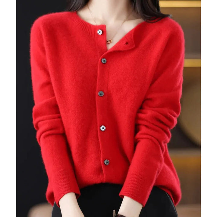 Comfortable Knit Cardigan for Women with Round Neck Long Sleeve Button Front Relaxed Style