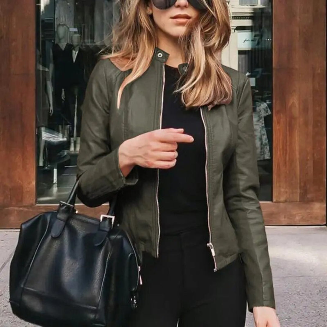 Sleek Faux Leather Jacket for Women with Band Collar Zip Up Fitted Moto Style
